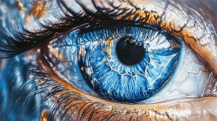 Aufkleber - Detailed close-up of a mesmerizing blue eye showcasing intricate patterns and reflections against a soft backdrop for text placement