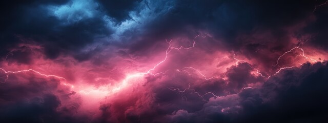 Poster - Dramatic pink lightning striking through dark storm clouds at night creating vibrant atmospheric tension and ample space for text or graphics