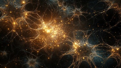 Poster - A digital art representation of glowing golden particles forming intricate connections