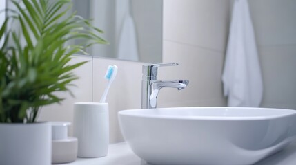 Poster - Modern bathroom setting featuring a toothbrush and toothpaste with minimalist decor and ample empty space for text or branding.