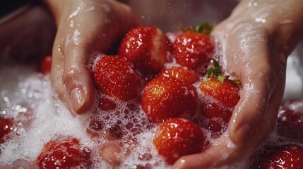 Poster - Fresh strawberries being washed with hands submerged in bubbly water showcasing vibrant colors and textures with space for text or branding.