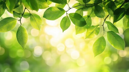 Poster - Close up of green tree leaves and branches with soft bokeh background and ample space for text and design elements
