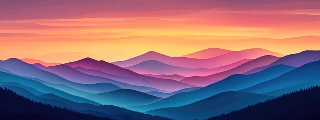 Poster - Vibrant sunset over mountainous landscape with rich colors and smooth gradients ideal for text overlay or scenic backgrounds