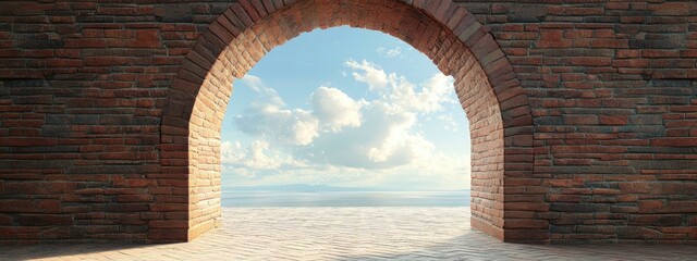 Poster - Bricked wall with double arches revealing a scenic view and ample space for text or branding.