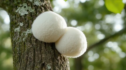 Aufkleber - Close up of Cotton Ball Mushrooms on Tree Bark in Autumn Setting with Copy Space for Text and Natural Background Elements
