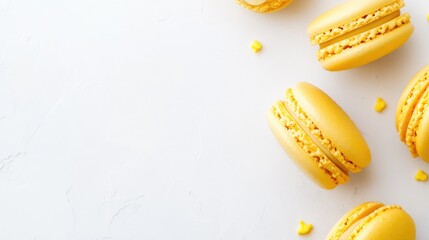 Aufkleber - Close up of vibrant yellow macarons on a clean white background with space for text or branding in a bakery or dessert theme