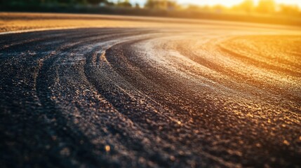 Aufkleber - Dynamic rally racing track close up with tire marks and smooth asphalt illuminated by sunset providing ample copy space for text
