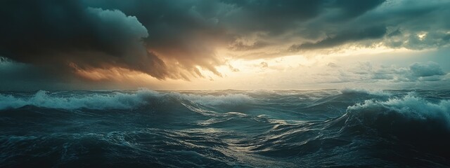 Poster - Stormy seascape with dark clouds and powerful crashing waves creating dramatic atmosphere and ample text space for captions or messages