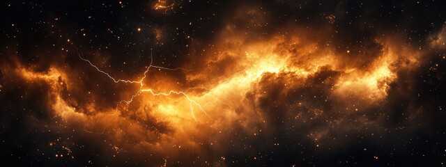 Fototapete - Dramatic lightning illuminating a dark stormy sky at night with space for text and design elements ideal for creative projects