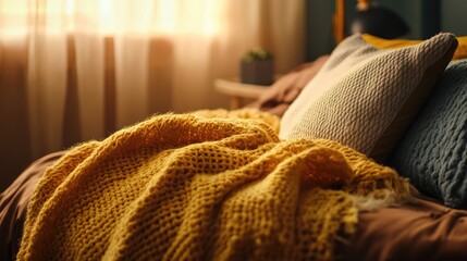 Aufkleber - Cozy bedroom close up featuring a blanket and pillows with warm sunlight creating inviting atmosphere and space for text or design elements