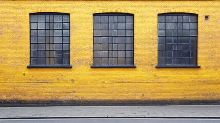 Poster - Urban Yellow Brick Wall with Industrial Windows and Empty Text Space for Design or Advertising Purposes