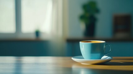 Aufkleber - Fresh espresso cup on a wooden table with ambient light creating a cozy atmosphere and ample space for text or branding elements.