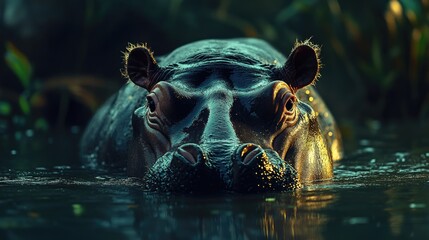 Poster - Hippopotamus close up in serene river setting with natural lighting and ample copy space for text or advertising message