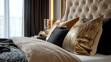 Aufkleber - Luxury hotel bedroom close up featuring elegant decorative pillows and stylish interior design with blank space for promotional text