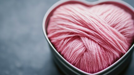Aufkleber - Heart shaped tin filled with pink knitting yarn on a textured surface with empty space for personalized text or branding opportunities
