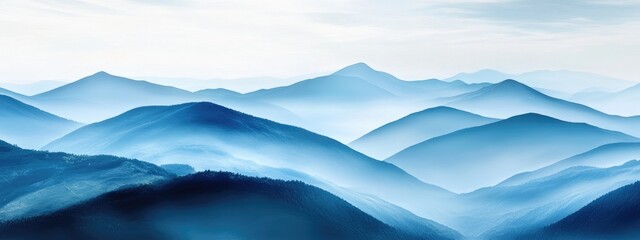 Poster - Misty mountain landscape with layered blue hills creating an atmospheric backdrop and ample space for text or branding elements