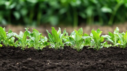 Poster - Close up of healthy organic vegetables growing in a garden with focus on lush green leaves and rich brown soil for text placement