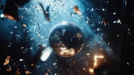 Poster - Disco Ball Sparkling Under Bright Lights with Confetti Falling and Space for Text in Nightclub Atmosphere