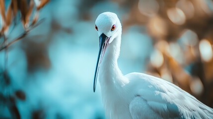 Poster - Elegant white bird with long curved beak in wetland setting featuring soft bokeh background perfect for nature-themed designs and text.