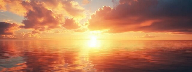 Poster - serene ocean at sunset with clouds and reflection creating a dramatic sky ideal for text overlay