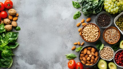 Poster - Healthy breakfast spread featuring fresh fruits, nuts, seeds, and greens on a textured surface with empty space for text or branding.