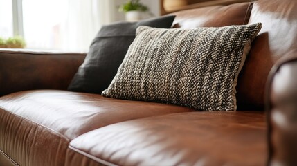 Poster - Dark Brown Leather Sofa Close Up with Decorative Pillow and Copy Space for Text in Modern Living Room Setting