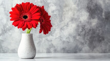 Poster - Vibrant red gerbera daisies in a textured vase with a soft gray background and ample space for personalized text or branding messages