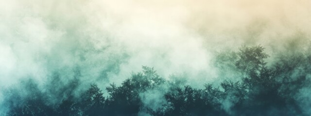 Poster - Mysterious fog enveloping a serene forest with soft blurred trees and ample empty space for text or design elements