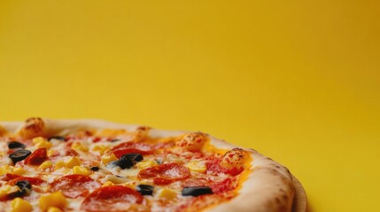 Aufkleber - Freshly baked pizza with colorful toppings on a yellow background showcasing appetizing details and space for promotional text or graphics