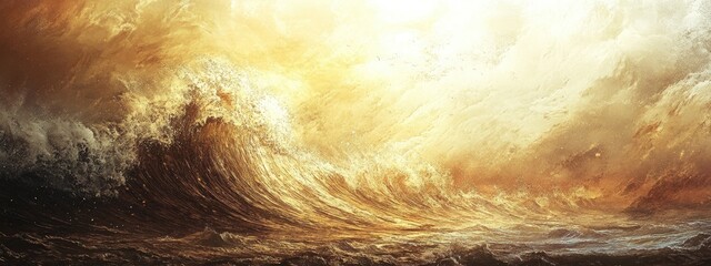 Poster - Dramatic Tidal Wave Approaching Shore with Light Effects and Space for Text Overlay
