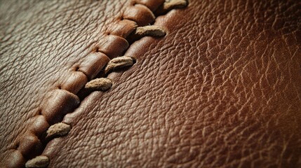 Poster - Close up of hand stitching brown leather showcasing intricate details with space for text or branding in a crafting or fashion context