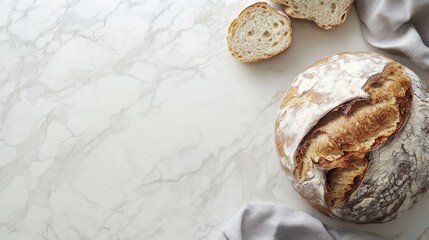 Poster - Artisan sourdough bread on a marble countertop with slices and empty space for custom text or culinary branding purposes