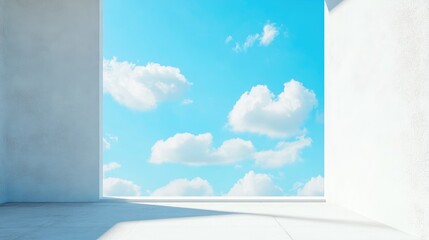 Poster - Commercial building interior with open window showcasing bright blue sky and clouds creating a tranquil atmosphere for text placement