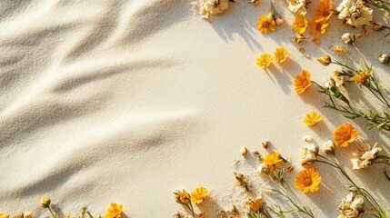 Poster - Close up of summer themed background with yellow flowers on sandy surface creating an inviting space for text or promotional content