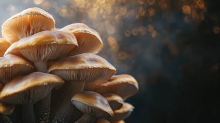 Poster - Macro shot of fresh mushrooms against a blurred background with bokeh lighting providing ample space for text and artistic presentation.