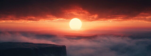 Poster - Dramatic sunset casting vibrant colors over foggy mountain landscape with ample space for text and creative design elements