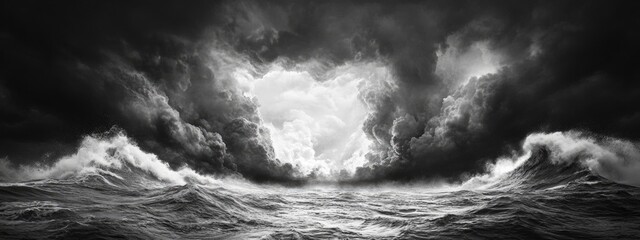 Poster - Dramatic Black and White Landscape of a Stormy Lake with Text Space and Turbulent Waves Beneath Dark Clouds