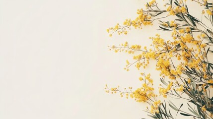 Poster - Close up of vibrant yellow acacia flowers gently swaying with a light background for customized text placement and creative design use