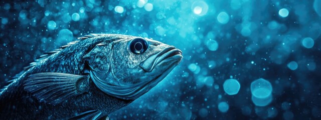 Poster - Dramatic Deep Sea Fish Textures with Blue Bokeh Background Ideal for Text Overlay and Graphic Design Projects