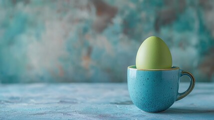 Poster - Green boiled egg in a blue cup against a textured background with ample copy space for text or creative layout designs