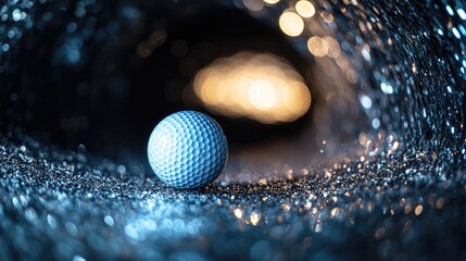 Fototapete - A golf ball gliding through a shimmering tunnel of light and glitter with ample space for text overlay or branding message