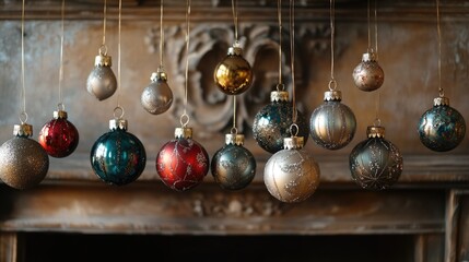 Aufkleber - Close up of elegant holiday ornaments hanging by a vintage fireplace with ample empty space for festive text or seasonal decorations