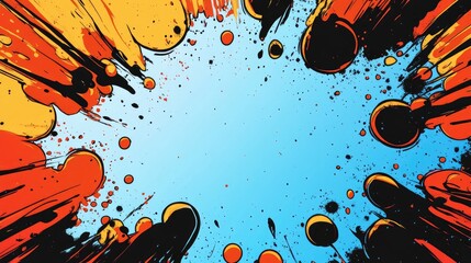 Poster - Comic Style Ink Splash with Colorful Bubbles and Clear Space for Custom Text in Vibrant Orange and Black on Blue Background