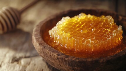 Poster - Close up of golden honeycomb in wooden bowl on rustic background with empty space for text or branding showcasing natural sweetness
