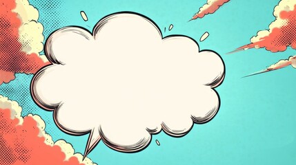Poster - Comic style speech bubble with pop art background and blank space for personalized text in vibrant colors and dynamic cloud design