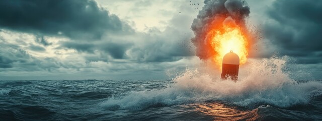 Poster - Dramatic ocean scene featuring buoy explosion amidst waves with empty space for text above and clouds in the background.
