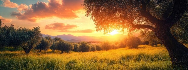 Poster - vibrant sunset over olive field with lush greenery and copy space for text in mediterranean landscap
