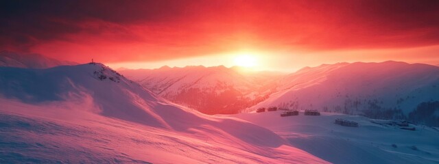 Poster - Dramatic sunset casting vibrant colors over pristine snowy ski slopes with expansive sky showcasing potential for text overlay