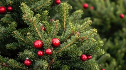 Aufkleber - Close up of a lush green Christmas tree with bright red ornaments perfect for holiday promotions or seasonal greetings with blank space for text