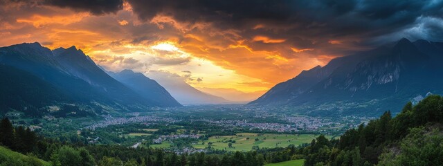 Poster - dramatic sunset clouds over a serene valley with vibrant colors and ample space for text or graphics